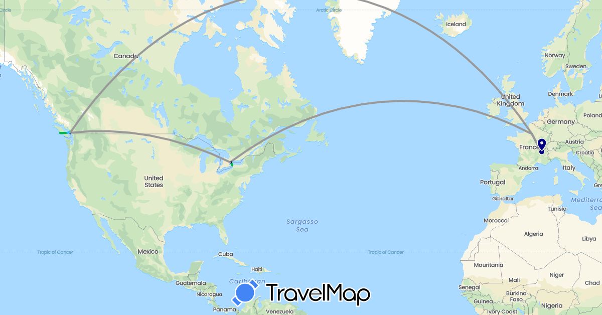 TravelMap itinerary: driving, bus, plane, boat in Canada, France (Europe, North America)