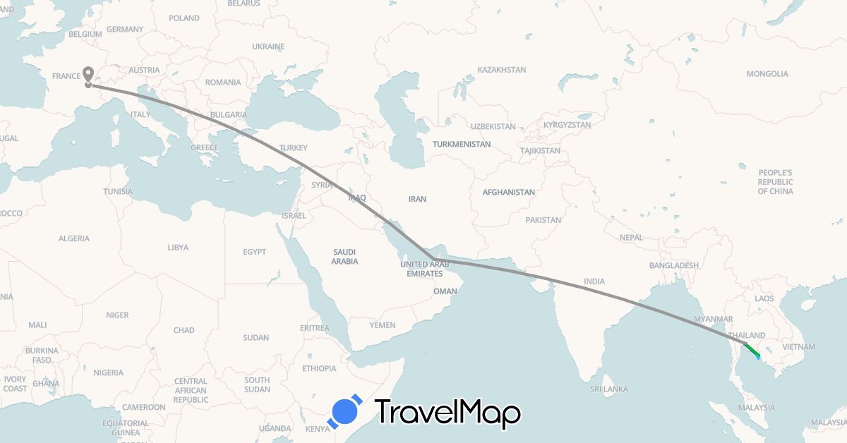 TravelMap itinerary: driving, bus, plane, boat in United Arab Emirates, France, Thailand (Asia, Europe)